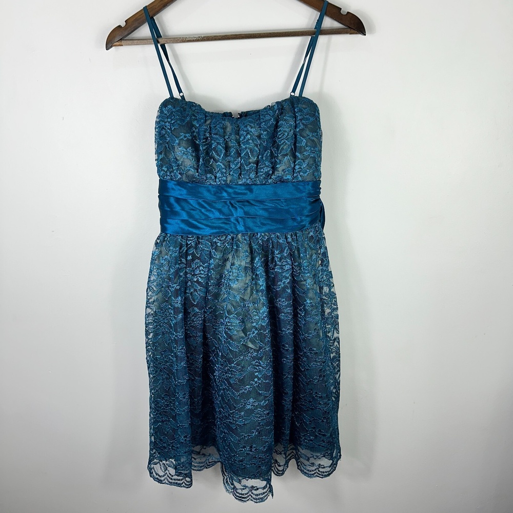 Trixxi Lace Cocktail Dress Juniors 7‎ Teal Satin Sash Fit Flare Homecoming Prom